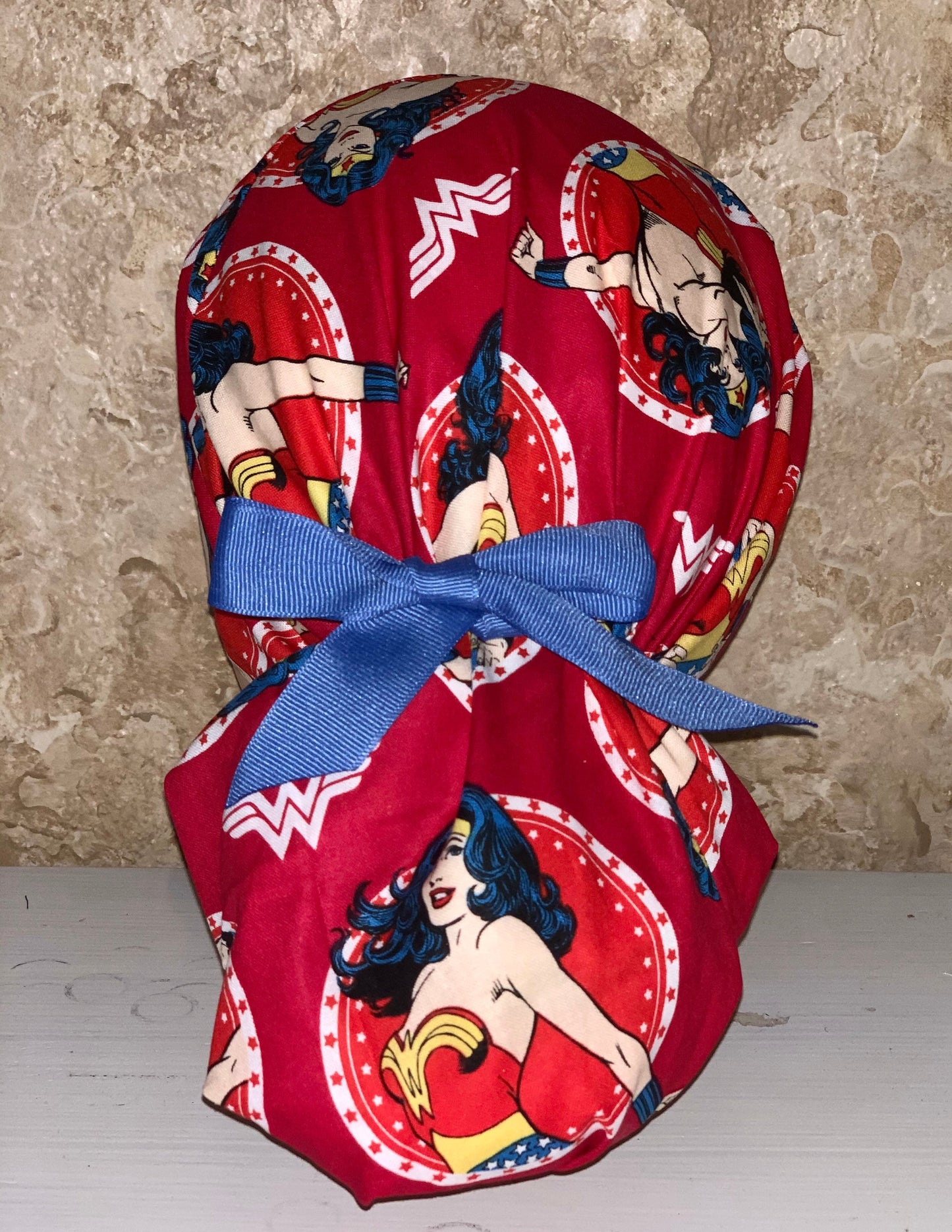 Wonder Woman Tie Back Surgical Scrub Cap with button option- Choose ribbon color in order notes
