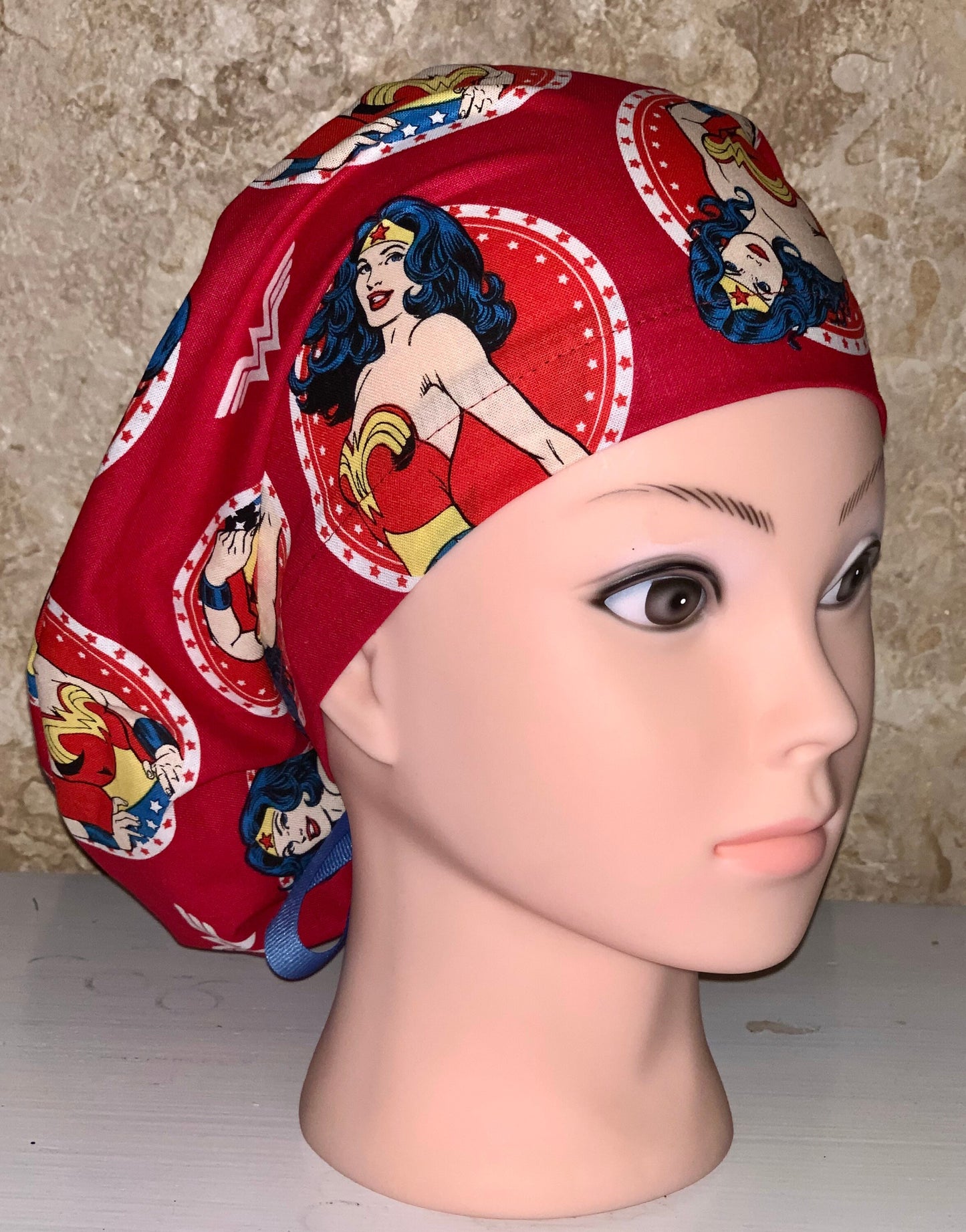 Wonder Woman Tie Back Surgical Scrub Cap with button option- Choose ribbon color in order notes